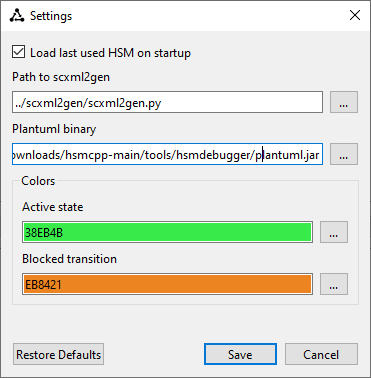 HSM Debugger Settings (Windows)